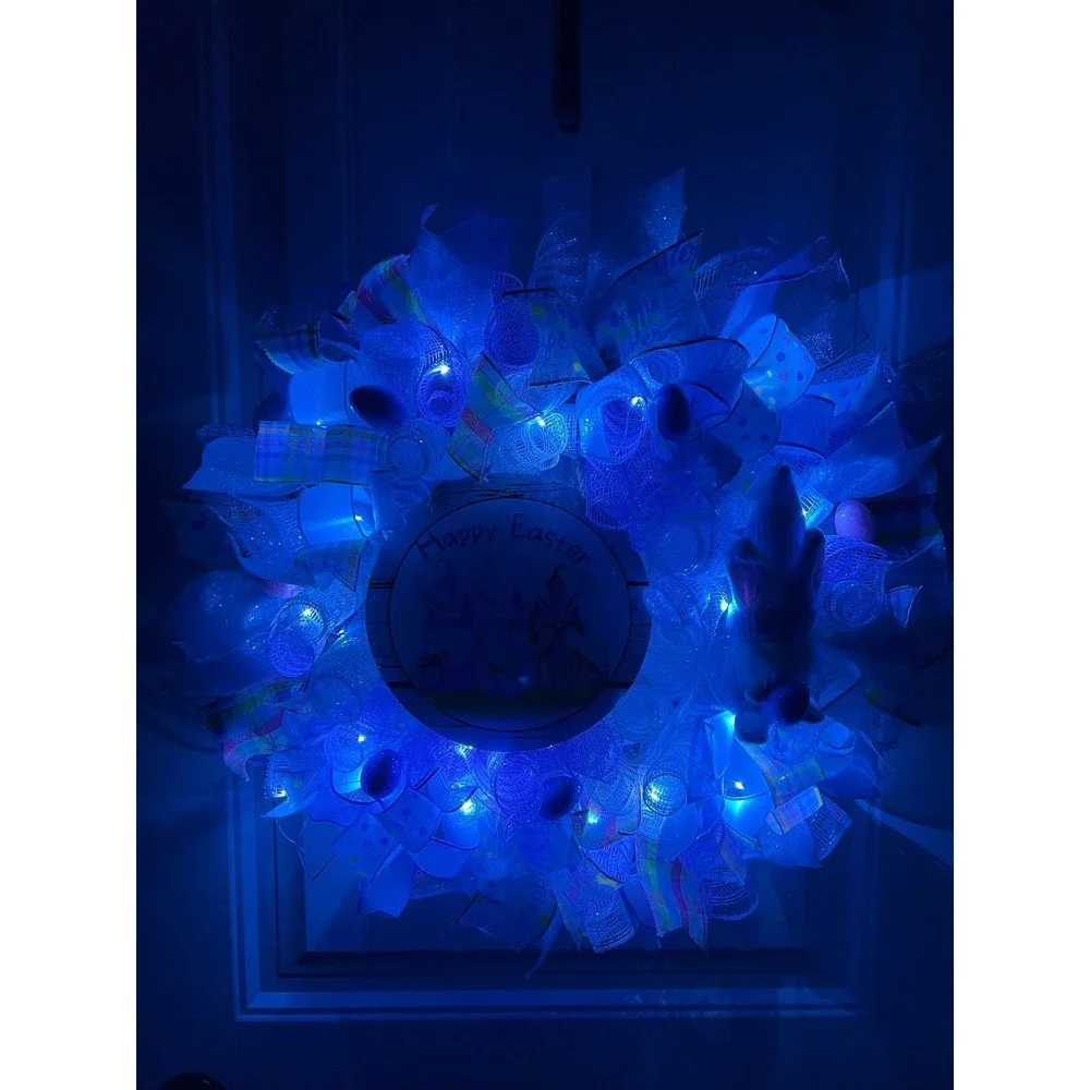 Handmade Easter Bunny Gnome Prelit Ribbon Wreath 22 in LED W9